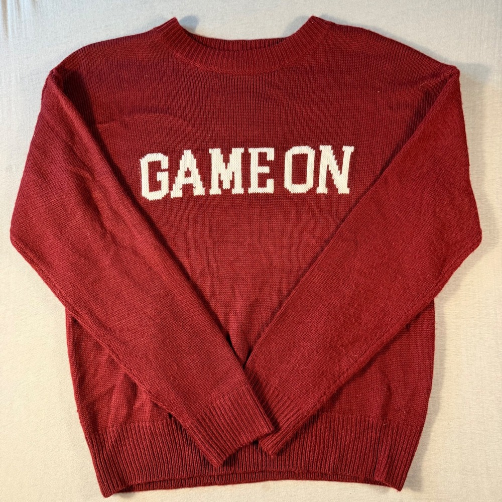 English Factory Game On Knit Sweater Burgundy Red Graphic Pullover womens Medium